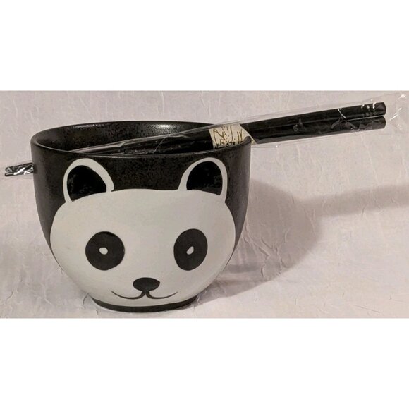 Panda Ramen Noodle Bowl Chopsticks Holder Ceramic Giant Bear Black Soup Cute Set - Picture 16 of 16